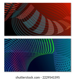 Líneas onduladas o cintas. Gradiente de rayas multicolor. Fondo creativo inusual con líneas de onda de gradiente abstracto para crear banner de moda, afiche. Pasos vectoriales