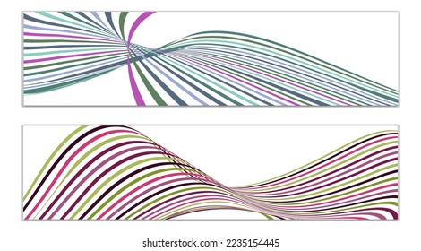 Líneas onduladas o cintas. Gradiente de rayas multicolor. Fondo creativo inusual con líneas de onda de gradiente abstracto para crear banner de moda, afiche. Pasos vectoriales