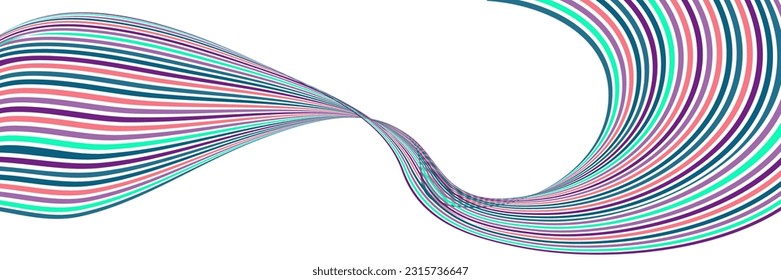 Wavy lines or ribbons. Multicolored striped gradient. Creative unusual background with abstract gradient wave lines for creating trendy banner, poster. Vector eps