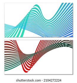 Wavy lines or ribbons on a white background. Installed. Multicolored striped gradient. Creative unusual background with abstract gradient wave lines for creating trendy banner, poster. Vector eps