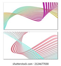 Wavy lines or ribbons on a white background. Installed. Multicolored striped gradient. Creative unusual background with abstract gradient wave lines for creating trendy banner, poster. Vector eps