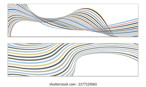 Wavy lines or ribbons on a white background. Installed. Multicolored striped gradient. Creative unusual background with abstract gradient wave lines for creating trendy banner, poster. Vector eps