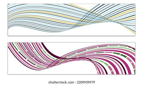 Wavy lines or ribbons on a white background. Installed. Multicolored striped gradient. Creative unusual background with abstract gradient wave lines for creating trendy banner, poster. Vector eps