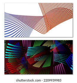 Wavy lines or ribbons on a white background. Installed. Multicolored striped gradient. Creative unusual background with abstract gradient wave lines for creating trendy banner, poster. Vector eps