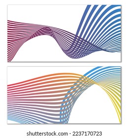 Wavy lines or ribbons on a white background. Installed. Multicolored striped gradient. Creative unusual background with abstract gradient wave lines for creating trendy banner, poster. Vector eps