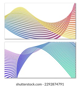 Wavy lines or ribbons on a white background. Installed. Multicolored striped gradient. Creative unusual background with abstract gradient wave lines for creating trendy banner, poster. Vector eps