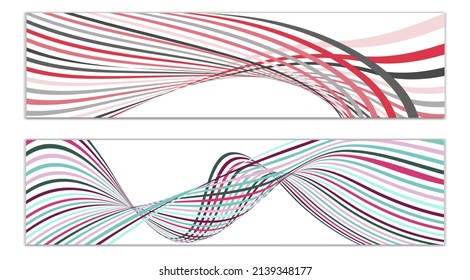 Wavy lines or ribbons. Set of 2 covers. Multicolored striped. Creative unusual background with abstract wave lines for creating a trendy banner, poster. vector eps