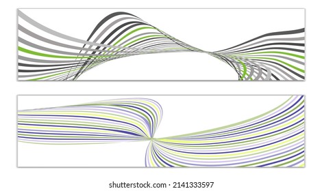 Wavy lines or ribbons. Set of 2 covers. Multicolored striped. Creative unusual background with abstract wave lines for creating a trendy banner, poster. vector eps