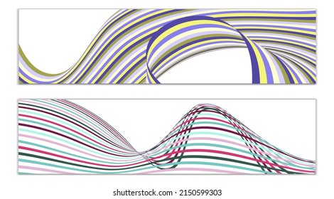 Wavy lines or ribbons. Set of 2 covers. Multicolored striped. Creative unusual background with abstract wave lines for creating a trendy banner, poster. vector eps