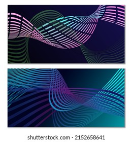 Flüchtige Linien oder Bänder. Satz von 2 Covern. mehrfarbiger Streifen. Kreativer, ungewöhnlicher Hintergrund mit abstrakten Wellenlinien zum Erstellen eines trendigen Banners, Poster. Vektorpfäge