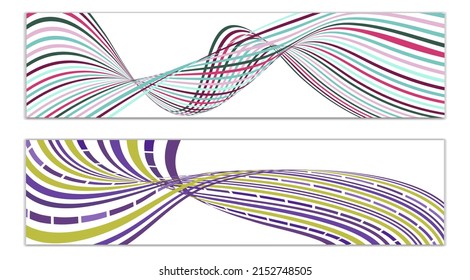 Wavy lines or ribbons. Set of 2 covers. Multicolored striped. Creative unusual background with abstract wave lines for creating a trendy banner, poster. vector eps