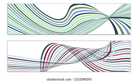 Wavy lines or ribbons. Set of 2 covers. Multicolored striped. Creative unusual background with abstract wave lines for creating a trendy banner, poster. vector eps