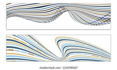 Wavy lines or ribbons. Set of 2 covers. Multicolored striped. Creative unusual background with abstract wave lines for creating a trendy banner, poster. vector eps