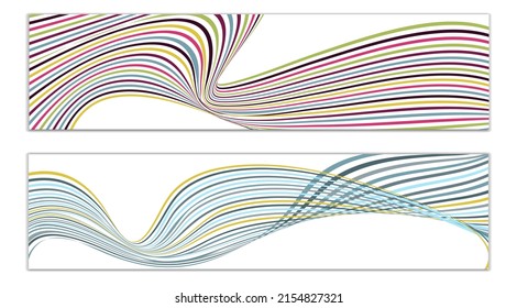 Wavy lines or ribbons. Set of 2 covers. Multicolored striped. Creative unusual background with abstract wave lines for creating a trendy banner, poster. vector eps