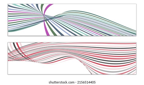 Wavy lines or ribbons. Set of 2 covers. Multicolored striped. Creative unusual background with abstract wave lines for creating a trendy banner, poster. vector eps