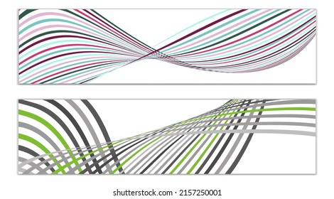 Wavy lines or ribbons. Set of 2 covers. Multicolored striped. Creative unusual background with abstract wave lines for creating a trendy banner, poster. vector eps