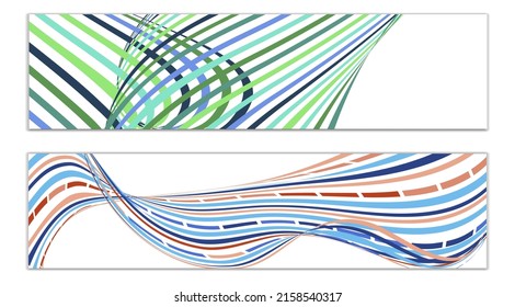 Wavy lines or ribbons. Set of 2 covers. Multicolored striped. Creative unusual background with abstract wave lines for creating a trendy banner, poster. vector eps