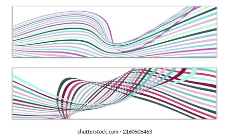 Wavy lines or ribbons. Set of 2 covers. Multicolored striped. Creative unusual background with abstract wave lines for creating a trendy banner, poster. vector eps