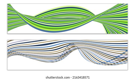 Wavy lines or ribbons. Set of 2 covers. Multicolored striped. Creative unusual background with abstract wave lines for creating a trendy banner, poster. vector eps