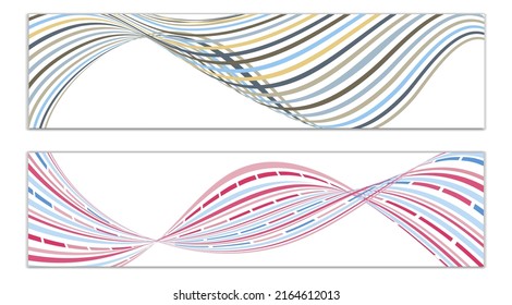 Wavy lines or ribbons. Set of 2 covers. Multicolored striped. Creative unusual background with abstract wave lines for creating a trendy banner, poster. vector eps