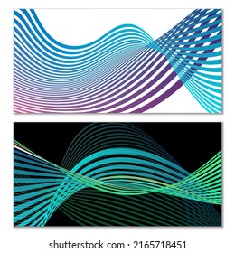 Wavy lines or ribbons. Set of 2 covers. Multicolored striped. Creative unusual background with abstract wave lines for creating a trendy banner, poster. vector eps
