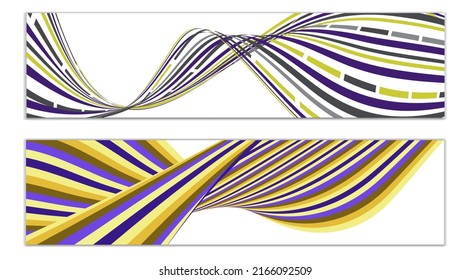 Wavy lines or ribbons. Set of 2 covers. Multicolored striped. Creative unusual background with abstract wave lines for creating a trendy banner, poster. vector eps