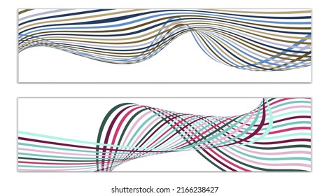 Wavy lines or ribbons. Set of 2 covers. Multicolored striped. Creative unusual background with abstract wave lines for creating a trendy banner, poster. vector eps