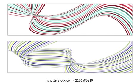 Wavy lines or ribbons. Set of 2 covers. Multicolored striped. Creative unusual background with abstract wave lines for creating a trendy banner, poster. vector eps
