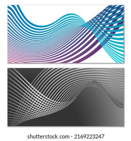 Flüchtige Linien oder Bänder. Satz von 2 Covern. mehrfarbiger Streifen. Kreativer, ungewöhnlicher Hintergrund mit abstrakten Wellenlinien zum Erstellen eines trendigen Banners, Poster. Vektorpfäge
