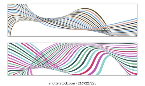 Wavy lines or ribbons. Set of 2 covers. Multicolored striped. Creative unusual background with abstract wave lines for creating a trendy banner, poster. vector eps