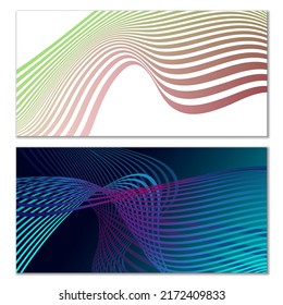 Wavy lines or ribbons. Set of 2 covers. Multicolored striped. Creative unusual background with abstract wave lines for creating a trendy banner, poster. vector eps