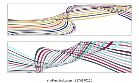 Wavy lines or ribbons. Set of 2 covers. Multicolored striped. Creative unusual background with abstract wave lines for creating a trendy banner, poster. vector eps