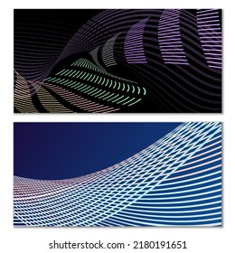 Líneas onduladas o cintas. Conjunto de 2 cubiertas. Tira multicolor. Creativo fondo inusual con líneas de onda abstractas para crear un cartel de moda, afiche. vectores