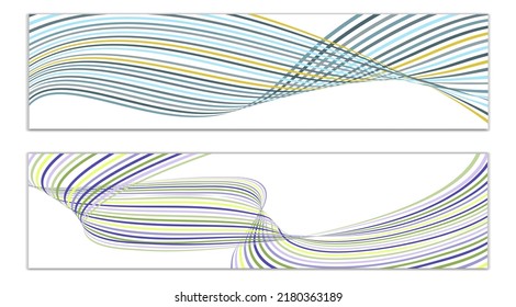 Wavy lines or ribbons. Set of 2 covers. Multicolored striped. Creative unusual background with abstract wave lines for creating a trendy banner, poster. vector eps