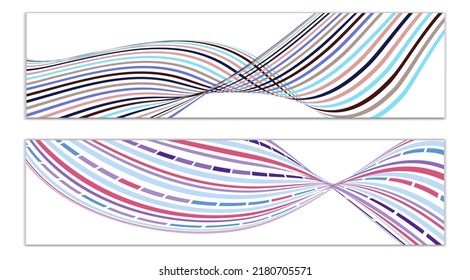 Wavy lines or ribbons. Set of 2 covers. Multicolored striped. Creative unusual background with abstract wave lines for creating a trendy banner, poster. vector eps