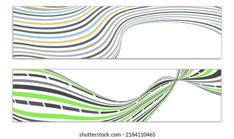 Wavy lines or ribbons. Set of 2 covers. Multicolored striped. Creative unusual background with abstract wave lines for creating a trendy banner, poster. vector eps