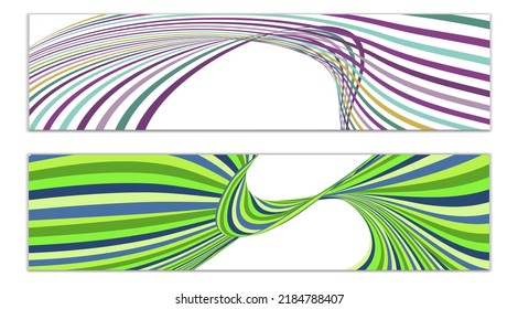 Líneas onduladas o cintas. Conjunto de 2 cubiertas. Tira multicolor. Creativo fondo inusual con líneas de onda abstractas para crear un cartel de moda, afiche. vectores