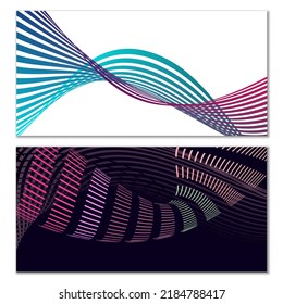 Wavy lines or ribbons. Set of 2 covers. Multicolored striped. Creative unusual background with abstract wave lines for creating a trendy banner, poster. vector eps