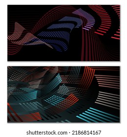 Flüchtige Linien oder Bänder. Satz von 2 Covern. mehrfarbiger Streifen. Kreativer, ungewöhnlicher Hintergrund mit abstrakten Wellenlinien zum Erstellen eines trendigen Banners, Poster. Vektorpfäge