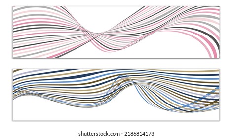 Wavy lines or ribbons. Set of 2 covers. Multicolored striped. Creative unusual background with abstract wave lines for creating a trendy banner, poster. vector eps