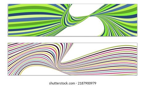 Wavy lines or ribbons. Set of 2 covers. Multicolored striped. Creative unusual background with abstract wave lines for creating a trendy banner, poster. vector eps