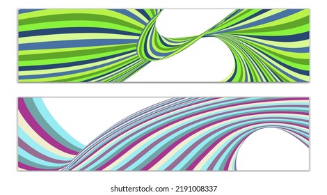 Wavy lines or ribbons. Set of 2 covers. Multicolored striped. Creative unusual background with abstract wave lines for creating a trendy banner, poster. vector eps