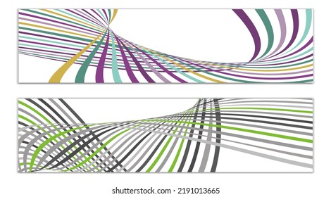 Wavy lines or ribbons. Set of 2 covers. Multicolored striped. Creative unusual background with abstract wave lines for creating a trendy banner, poster. vector eps