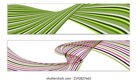 Wavy lines or ribbons. Set of 2 covers. Multicolored striped. Creative unusual background with abstract wave lines for creating a trendy banner, poster. vector eps