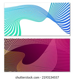 Wavy lines or ribbons. Set of 2 covers. Multicolored striped. Creative unusual background with abstract wave lines for creating a trendy banner, poster. vector eps