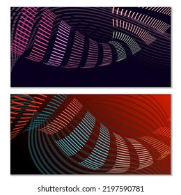 Wavy lines or ribbons. Set of 2 covers. Multicolored striped. Creative unusual background with abstract wave lines for creating a trendy banner, poster. vector eps