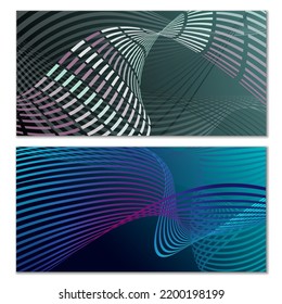 Wavy lines or ribbons. Set of 2 covers. Multicolored striped. Creative unusual background with abstract wave lines for creating a trendy banner, poster. vector eps