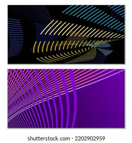 Líneas onduladas o cintas. Conjunto de 2 cubiertas. Tira multicolor. Creativo fondo inusual con líneas de onda abstractas para crear un cartel de moda, afiche. vectores