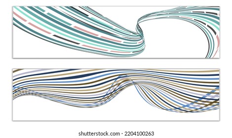 Wavy lines or ribbons. Set of 2 covers. Multicolored striped. Creative unusual background with abstract wave lines for creating a trendy banner, poster. vector eps