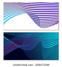 Wavy lines or ribbons. Set of 2 covers. Multicolored striped. Creative unusual background with abstract wave lines for creating a trendy banner, poster. vector eps